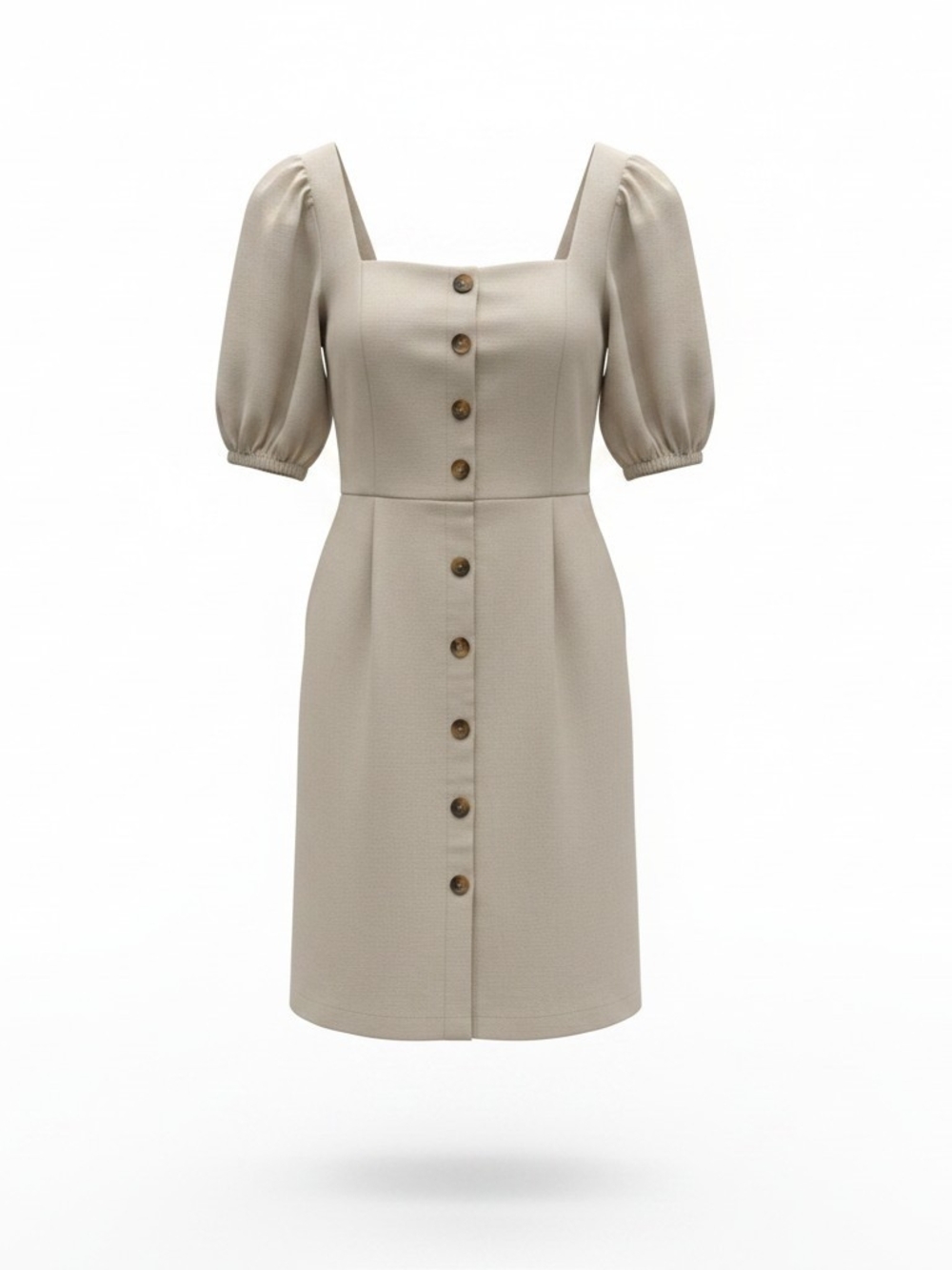 Old Navy Square Neck Button-Front Puff Sleeve Midi Dress in Light Beige